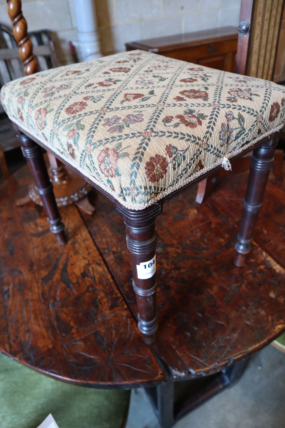 A Regency mahogany square topped, tapestry upholstered dressing stool, width 41cm